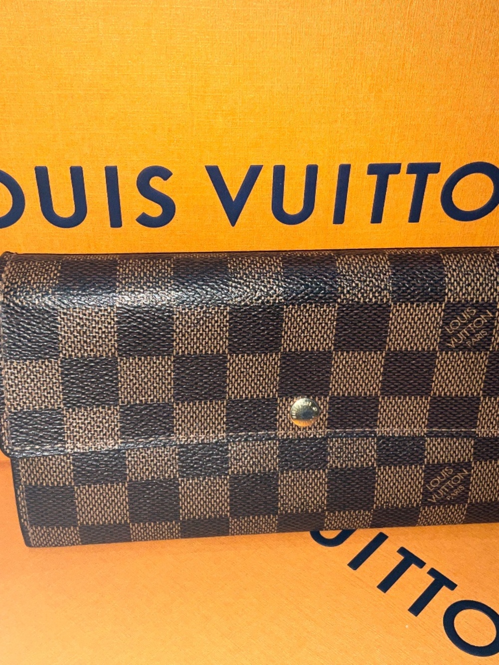 Louis Vuitton Womens Damier Ebene Canvas Sarah Long Envelope Flap Wallet Brown